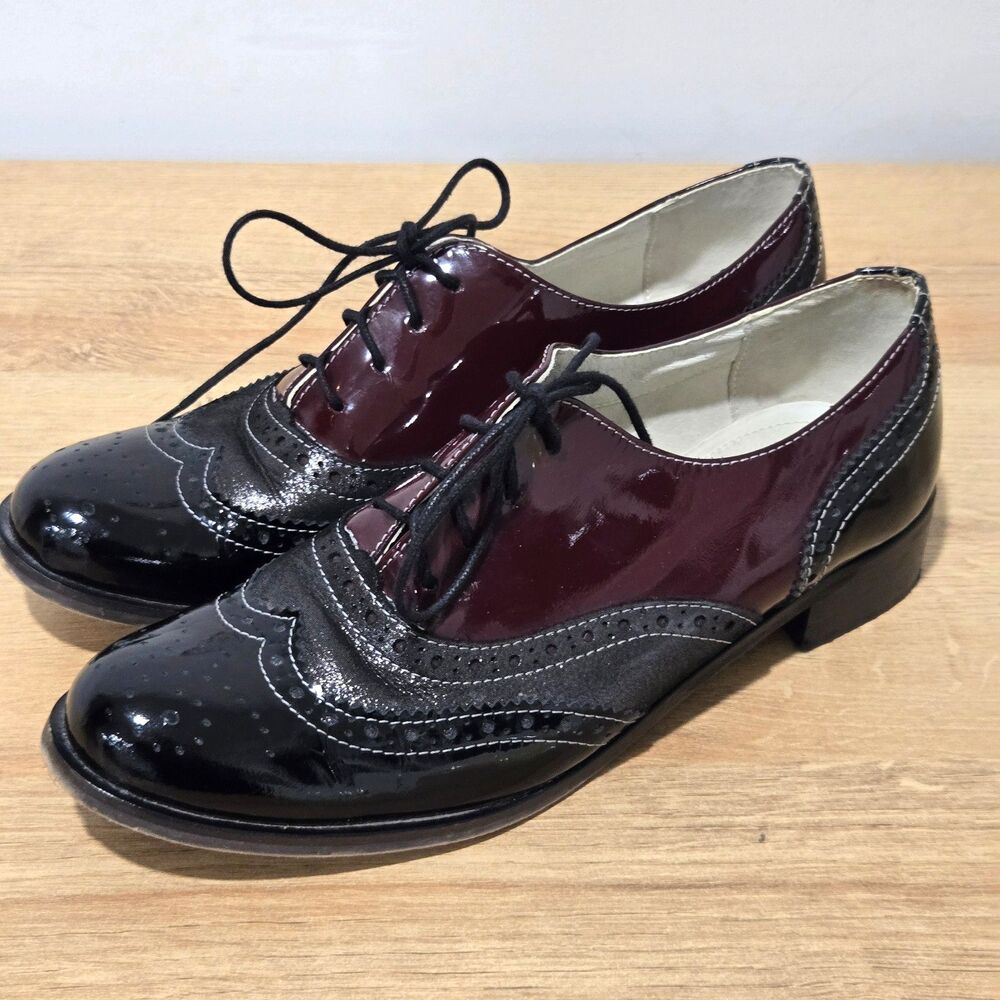 Womens Girotti Patent Leather Oxford Shoes sz 40‎ / 9-9.5 Black Burgundy Wingtip
